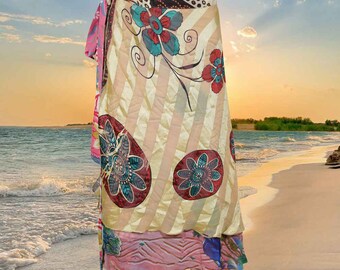 Womens Beach Wrap Short Skirt, Pink Floral Print, Reversible and Lightweight Floaty Double layer skirt, Summer Skirts One size