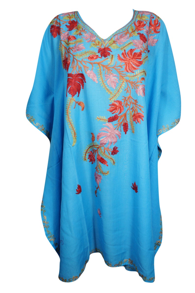 Bohemian Women Beach Kaftan Blue Floral Kimono Dress Lounger Swimwear Cover Up Tunic One Size