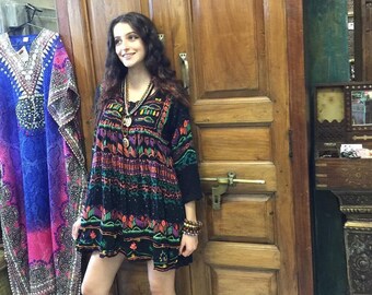Babydoll Boho Dress Vintage 70s Funky Hippy Fashion Resort Coverup bLACK cOLORFUL loose dresses One Size SML