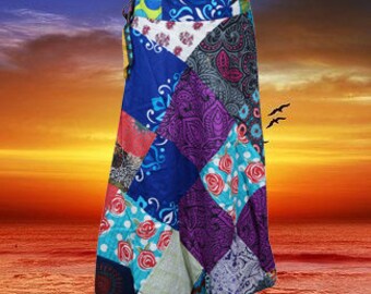 Womens Wrap Around Skirts, Handmade Cotton Skirts, Summer Skirts, Blue Patchwork Boho Short Skirt, Summer Fashion One Size