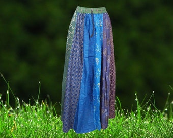 Womens Maxi Skirt, Blue Summer Skirt, Gujarati Patchwork Handmade Vintage Boho Chic Long Skirts S/M/L