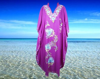 Women's Kaftan Maxi Dress, GIFT, Purple Boho Maxi Dress, Lounger, Cotton Floral Embroidered Caftans, oversize L-2XL One Size