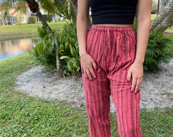Vintage Cotton Pants, Pink Striped Boho Pant, Loungewear, Casual handmade Pant, Lightweight Festival Pants S/M