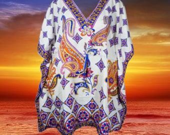 Womens Boho Short Caftan Dress, Cruise Kaftan , Blue white Paisley Beach Cover Up, Oversized Dress L-2XL