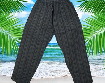 Unisex Yoga Pant, Boho Chic Cotton Pants, Green Black Stripe Stonewashed Elastic Waist Comfy Pants With Pockets S/M