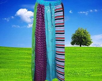 Womens Maxi Skirt, Blue Boho Hippie Festival PATCHWORK Vintage Retro Maxi Flared Skirts, Cotton Casual Comfy SKIRT S/M/L