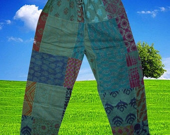 Patchwork Pants, UNISEX Cotton Yoga pants, Green Hippie Boho Yoga Pant, Summer, Handmade Pants S/M/L
