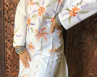 Womens Tunic Dress, White Floral Printed Blouse Tunic, Summer Cotton Bohemian Gypsy chic Ethnic Kurti L