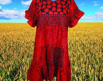 Red Summer Short Dress, Casual Daydress, Recycle Silk, Shift Dresses, Floral Boho Dresses, Handmade, Daydress, M