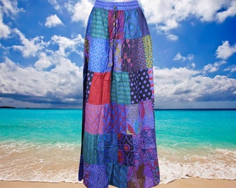 Womens Maxi Skirt, Blue Boho Hippie Festival PATCHWORK Vintage Retro Maxi Flared Skirts, Cotton Casual Comfy SKIRT S/M/L