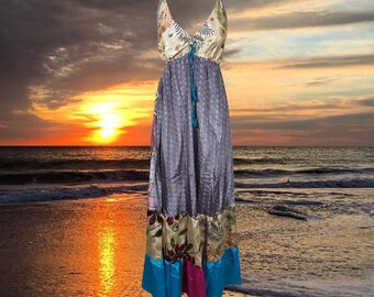 Womens Maxidress, TWILIGHT MAGIC Recycled Silk Dress, Spaghetti Strap, Holiday Dinners, Travel Maxi Dress S/M