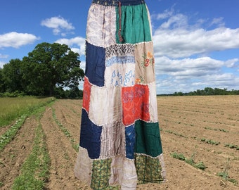 Womens Handmade Boho Patchwork Skirt, Gypsy Beige Maxi Skirts, Ethnic Vintage Skirt, Recycle Long Skirts S/M/L