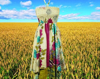 Womens Silk Sari Halter Dress, Handmade Summer Dresses, Beige Green Two Layer Gypsy Hippie Chic Printed Summer Sundress S/M
