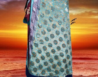 Womens Beach Long Wrap Skirt, 2 Layer Skirts, Blue Print Sari Skirt, Beach Wear, Handmade, Reversible Wrap Skirts One Size