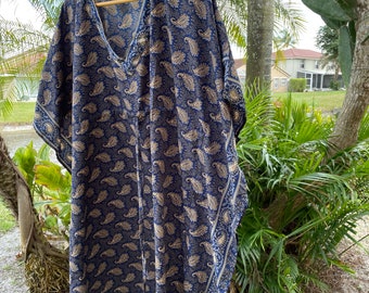 WOMENS Boho Kaftan, Pure Silk Caftan Maxi Dress, Aqua BLUE Paisley Printed Cover Up Beach Dress, Resort Wear L-3X One size