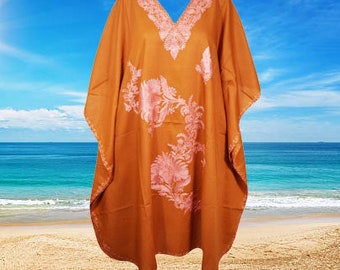 Womens Orange Embroidered Caftan Dress, Cruise Kaftan, Midi Loose Dress, Summer Boho Comfy Cover Up, Oversized Cotton Caftan L-4XL