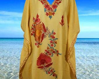 Women's Yellow Muumuu Caftan Short Dress, Cotton Embroidered Kimono Dresses Floral Caftan Party Wear Crepe Boho Kaftan, L-2X