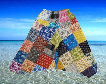Unisex Colorful Boho Hippie Harem Pants, Floral Patchwork Cotton High Waist Loose Trouser, Festival Boho Genie Pant S/M/L