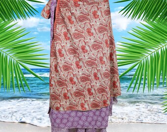 Womens Summer Magic Wrap Skirt, Pink Purple Floral Double Layers Midi Wrap Skirts, Recycled Sari Wrap Skirt One size