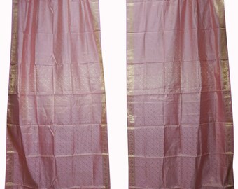 Pink Golden Sari Curtains, 2 Indian Sari Window Treatment, Curtains, Brocade Sari, Rod Pocket, Handmade Curtains, Home Decor 96 inch