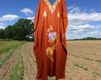 Womens Caftan Maxi dress, Handmade Kaftan Dresses, Cover Up, Housedress, Embellished Kaftan Dress, Cotton Orange Lounger, Resort Wear L-3XL