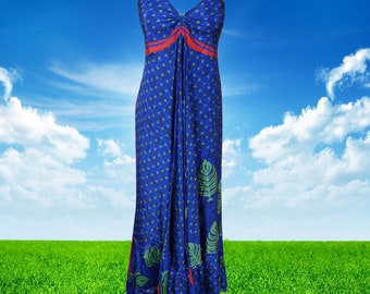 Recycle silk Summer Dress for Women, Sari Silk Maxi Dress, Elegant Floral Dress, Blue Print Beach Dress, Halter Dress S/M