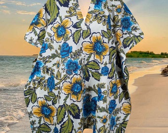 Beach Kaftan, Blue Floral Summer Kaftan Cotton Dress, Loose holiday resort dresses , Handmade women's Short Cruise Kaftan Dresses S/M