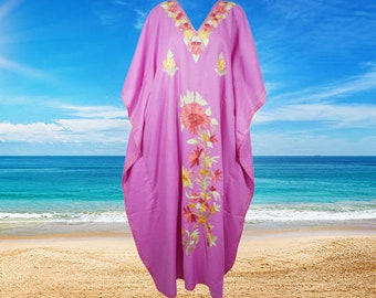 Womens Kaftan Maxi Dress, Embroidered Floral Beach Maxidress, Pink Maxi Dresses, Summer Loose Kaftan Dress, Resort Wear L-3XL