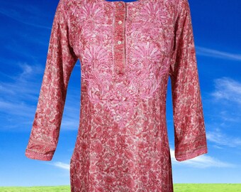 Womens Tunic Blouse, Pink Paisley Printed Tunic, Indian Tunic Kurti, Silk Embroidered Tunic, Gift, Travel Silk Tunic Shirt S