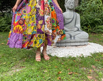Women Maxi Skirt, Strapless Dresses Green Purple Floral Printed Dress, Summer Beach skirt, Recycled Sari Dresses S/M