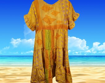Orange Paisley Dress, Recycle Silk, Beach, Summer Dresses for women, Flutter Sleeve, Shift Dresses, Boho Daydress, M