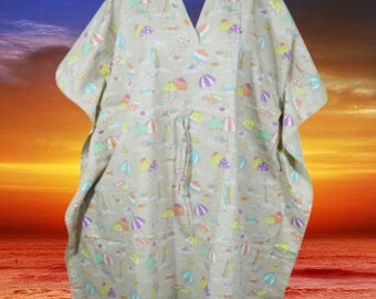 Boho Cotton Summer Kaftan Dress, Ivory Muumuu Print Short Caftan, Beach Cover up, Caftan Dress, Handmade, Fall Boho Travel Kimono S/M