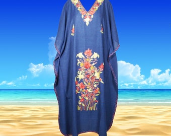 Women's Retro Kaftan Maxi Dress, Navy Blue Beach holidays, Lounger, Cotton Embroidered Handmade Caftans, Oversize L-4X One Size