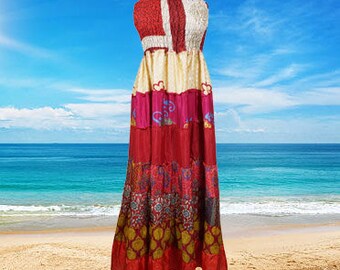 Women Sari Silk Maxi Dress, Pink Handmade Party Evening Dress, Summer Beach Wear Dress, Holiday Dress Festival Dress, Hippie Dress S/M