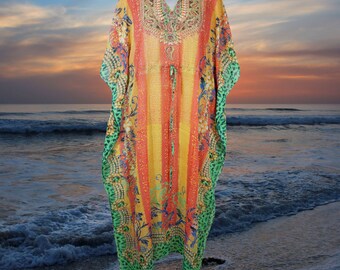 Women Maxi Bohemian Kaftan, Peach Green Georgette Kaftan Beach Wear, Fall Maxidress, Cover Up, Casual Resort wear, Cruise Maxi L-2X One Size