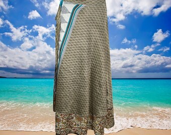Women Sari wrap skirt, Beach Coverup Sarong, Silk Sari Wrap Skirts, Gray Paisley Printed, 2 Layer Reversible Magic Skirts, Gift One Size