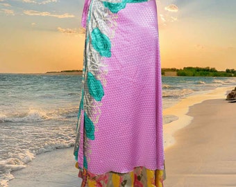 Womens Magic Maxi Wrap Skirt, Floral Double Layers Pink Wrap Skirts, Recycled Sari Wrap Skirt, Handmade, Gift, One size