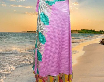 Womens Magic Maxi Wrap Skirt, Floral Double Layers Pink Wrap Skirts, Recycled Sari Wrap Skirt, Handmade, Gift, One size