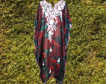 Womens Sheer Kimono Kaftan, Maxi Caftan Dress, Boho Muumuu, Black Rose Beach Cover Up, Fall Maxidress, House Dress L-4XL