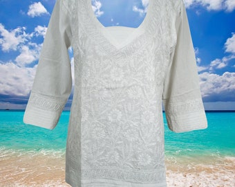 Womens Cotton Tunic, Handmade White Floral Embroidered Tunic Top, Gift, Kurta Shirt, Summer Soft Blouse, Boho Hippie Chic Fashion