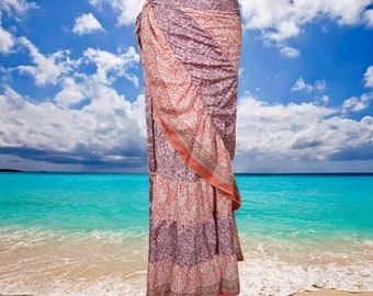 Womens Silk Sari Ruffle Wrap Skirt, Pink Purple Tiered Maxi Skirt, Handmade Belly Dance Beach Party Long Skirts One size