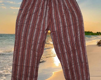 Striped Boho Hippie Trousers, Unisex Pants, Red Striped Trousers with Pockets, Loose Fit Pant, Pants With Pockets S/M
