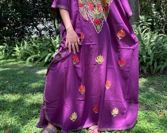 Women's Kaftan Maxi Dress, Purple Boho Fall Maxi Dress, Beach Holidays, Lounger, Cotton Hand Embroidered Lounger Caftans  L-3XL One Size