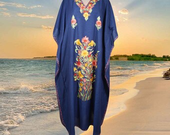 Women's Kaftan Maxi Dress, Blue Beach holidays, Lounger, Cotton Embroidered Handmade Caftans, Oversize L-2XL One Size