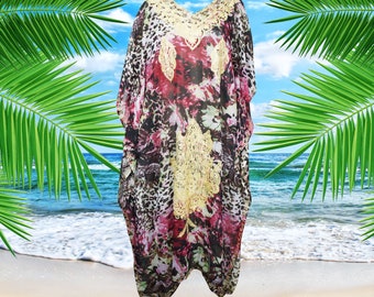 Womens Beach Cpver Up Kaftan, Raspberry Black Floral Print Maxi Dress, Luxury sheer Georgette Embroidered caftan Dresses L-4XL One size