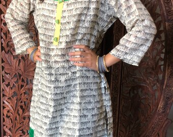Womens Tunic Dress, Beach Tunic, Hippie Tunic, Beige Mantra Printed Indian Tunic Yoga Kurta Dress, Kaftan, Lounger M