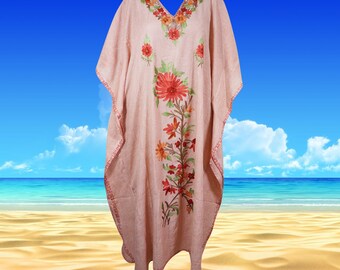 Womens Embroidered Kaftan Long Dress, lemonade pink Floral Embroidery Caftan Maxi Dress, Oversize Handmade Dress, Gift One Size L-2XL