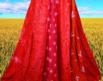 Womens Fall Maxi Skirt, Red Orange Gujarati Patchwork Skirts, Retro Chic, Festive Handmade Boho Skirts S/M/L