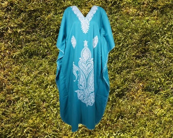 Women's Kaftan Maxi Dress, GIFT, Blue Boho Maxi Dress, Lounger, Cotton Floral Embroidered Caftans, Plus size L-2XL One Size