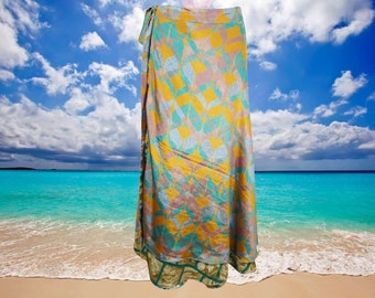Womens Beach Long Wrap Skirt, 2 Layer Skirts, Yellow Blue Printed Sari Skirt, Beach Wear, Handmade, Travel, Reversible Wrap Skirts One Size